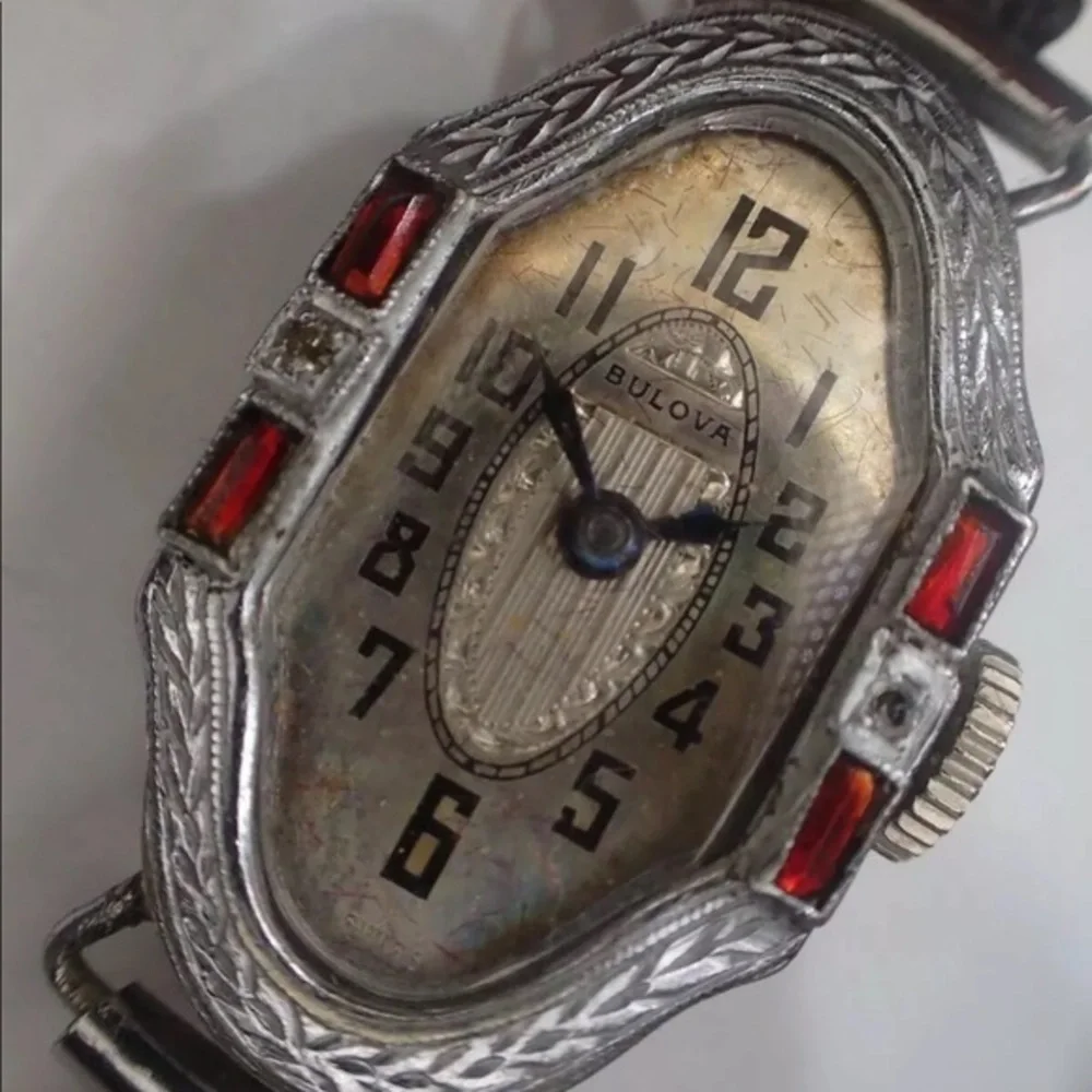 1920 Art Deco Bulova Watch with Ruby Bejeweled Case and Authentic Box